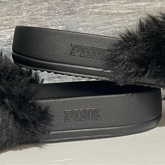 Pink Victoria’s Secret Black Fur Slides Sandals Slippers Size 7 / 8 - Picture 5 of 12